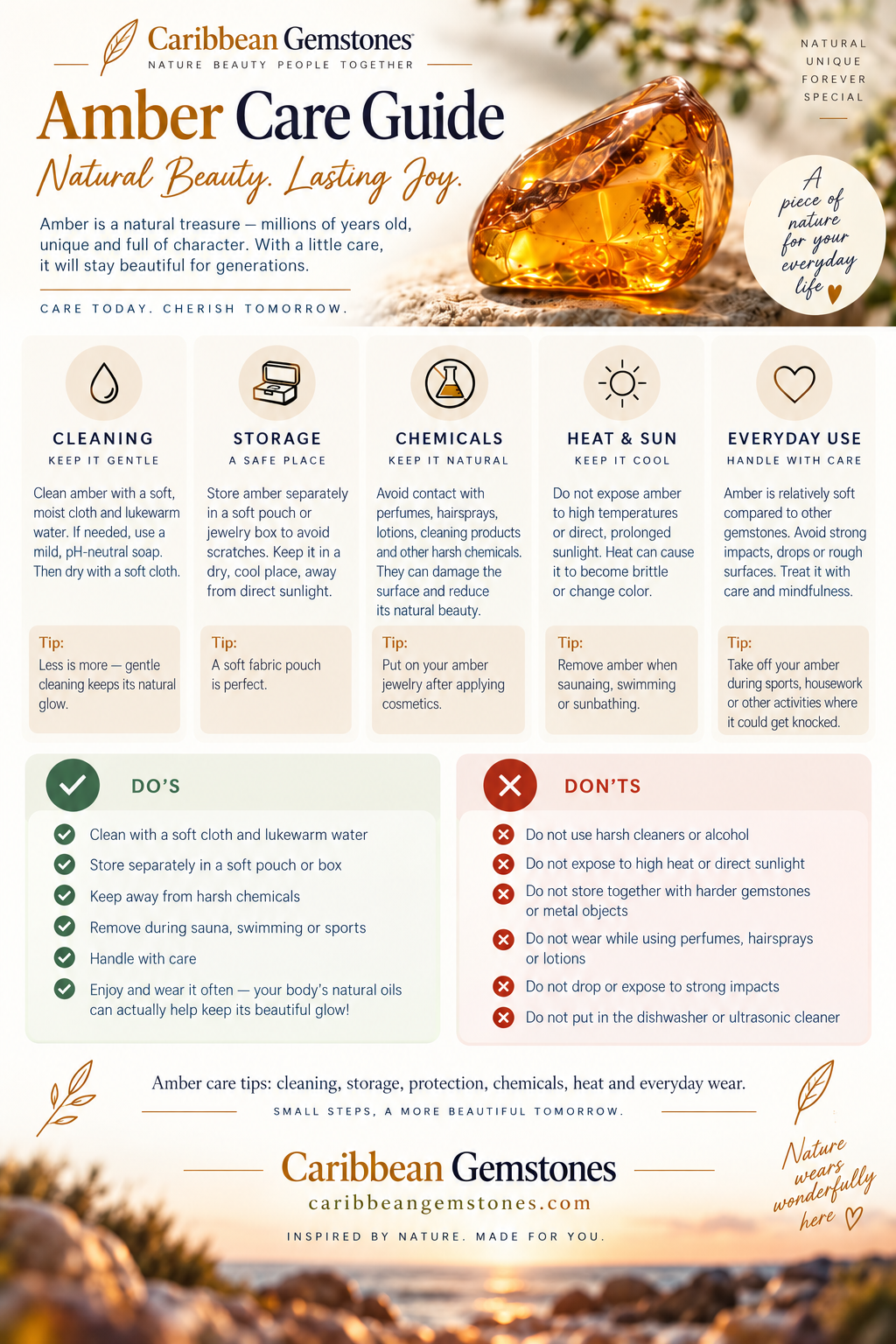 Illustrated amber care guide: cleaning, storage and everyday protection