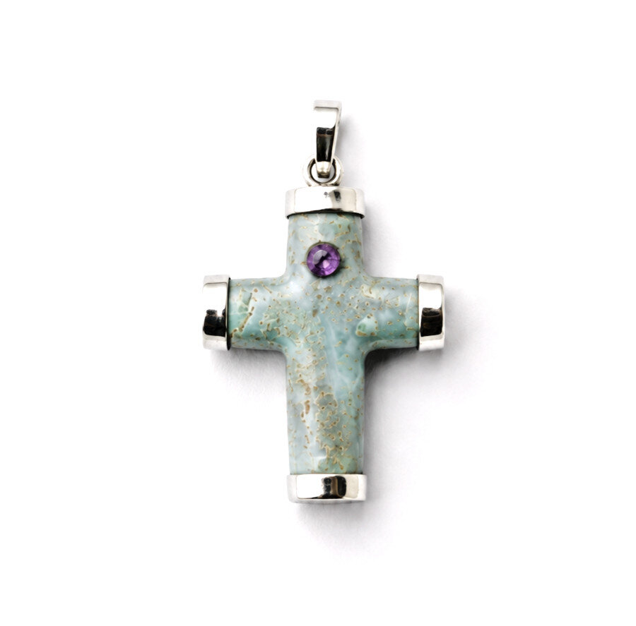 Natural Light Blue Larimar Amethyst .925 Sterling Silver Pendant 51mm