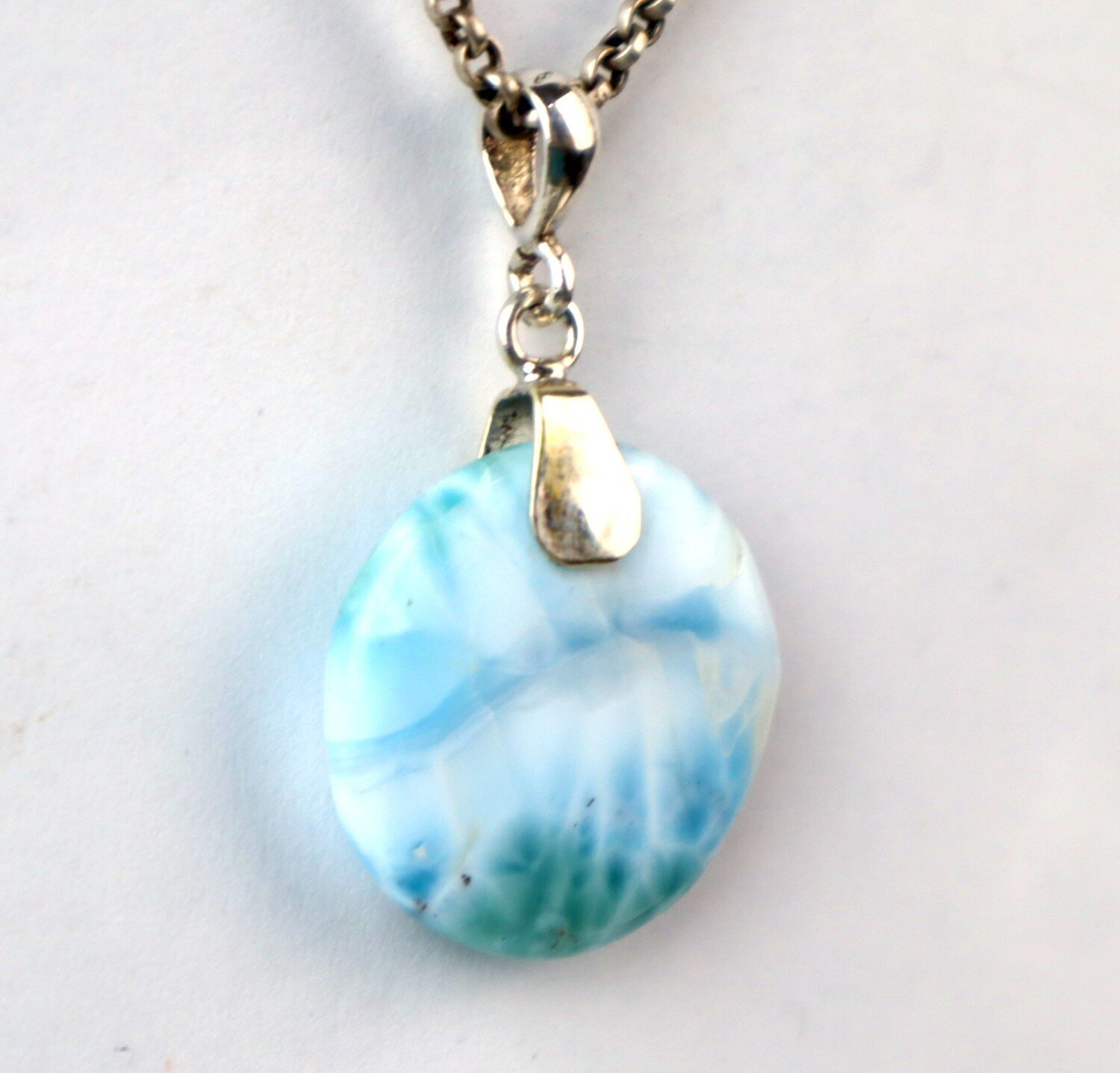 Handcrafted Natural Ocean Blue Larimar 925 Sterling Silver Round Pendant 42mm – photo 7