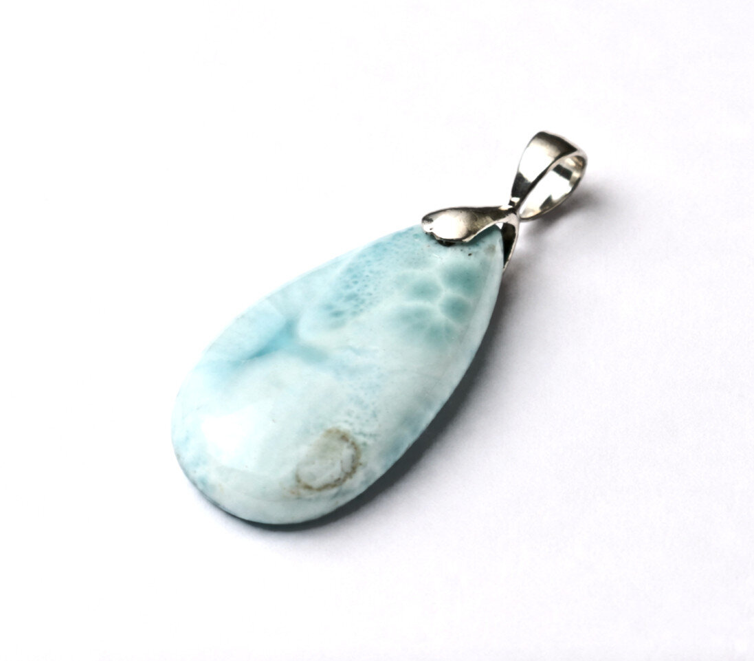 Genuine Beautiful Light Blue Larimar 925 Sterling Silver Teardrop Pendant 40mm