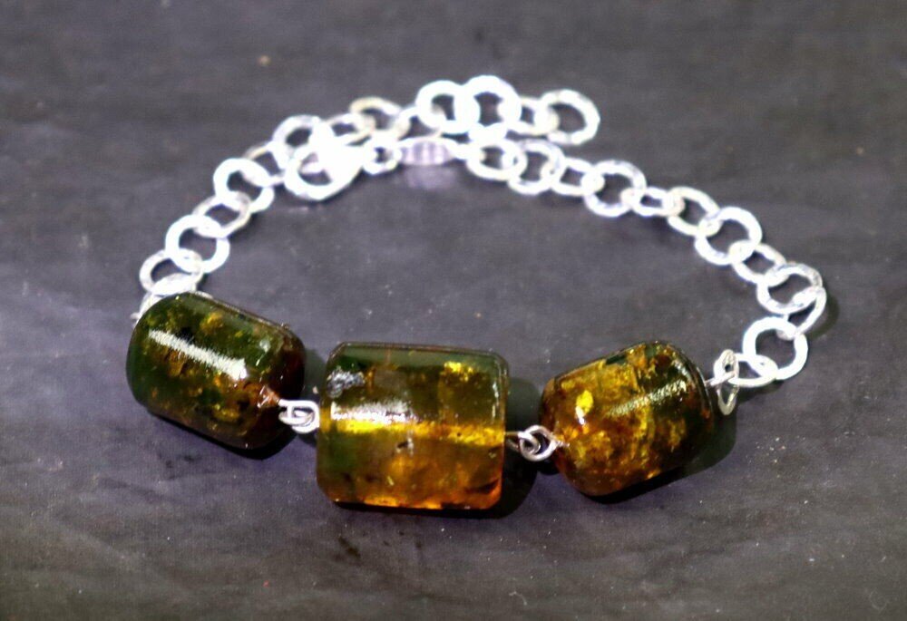 Beautiful Natural Translucent Deep Green Amber .925 Sterling Silver Bracelet 18c – photo 6