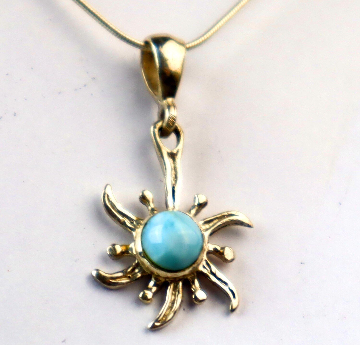 Sky Blue Larimar .925 Sterling Silver Sun Pendant w. Snake Chain Necklace 16 in – photo 8