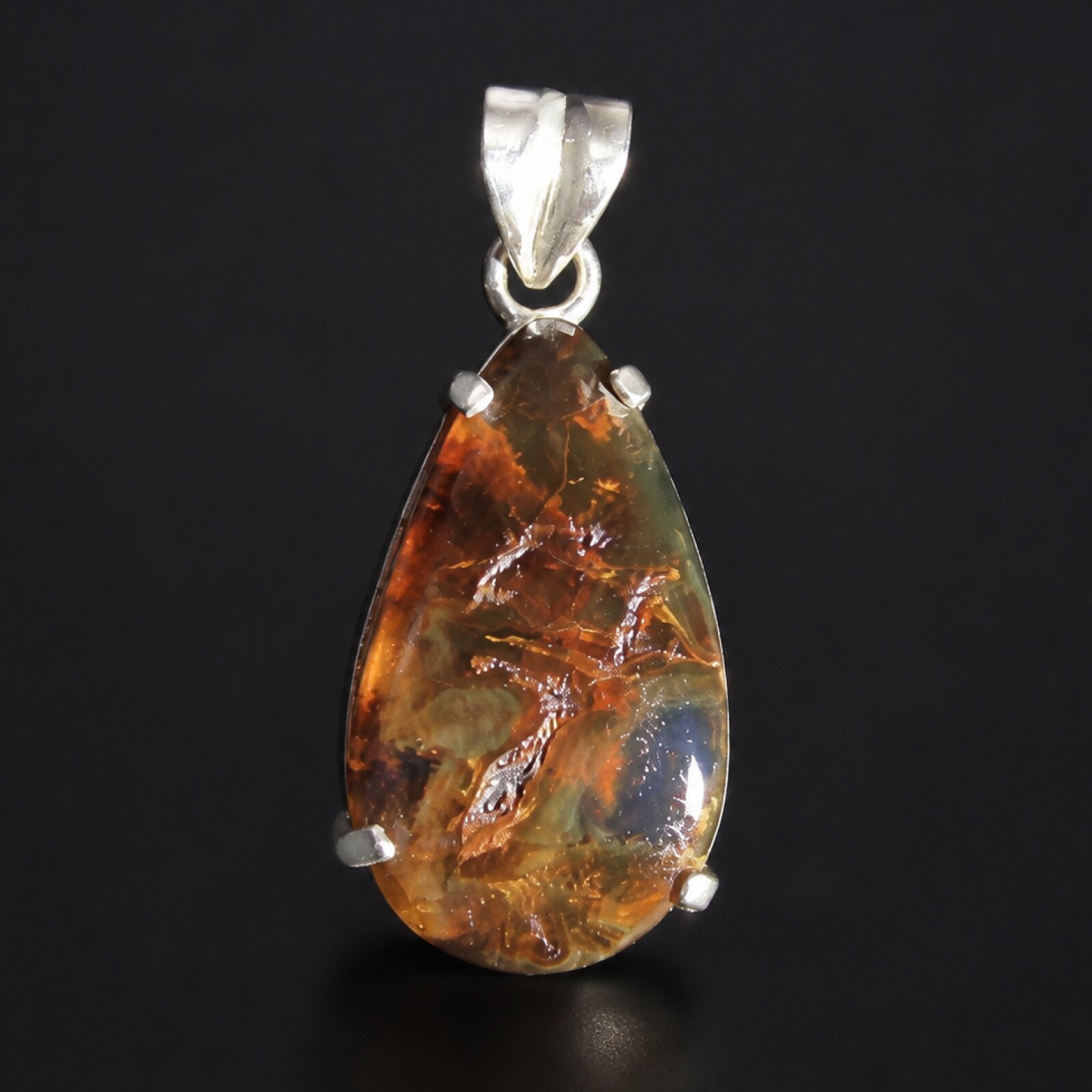 Organic Beauty Translucent Brown Blue Dominican Amber 925 Sterling Silver Pendant