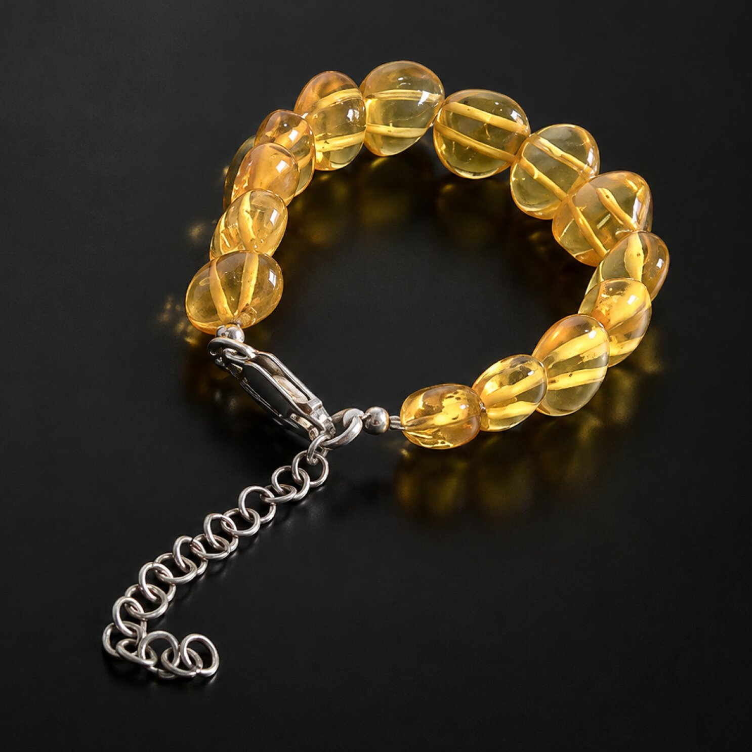 Artisan Made Clear Green Orange Dominican Amber 925 Sterling Silver Bracelet 6.7 Inch