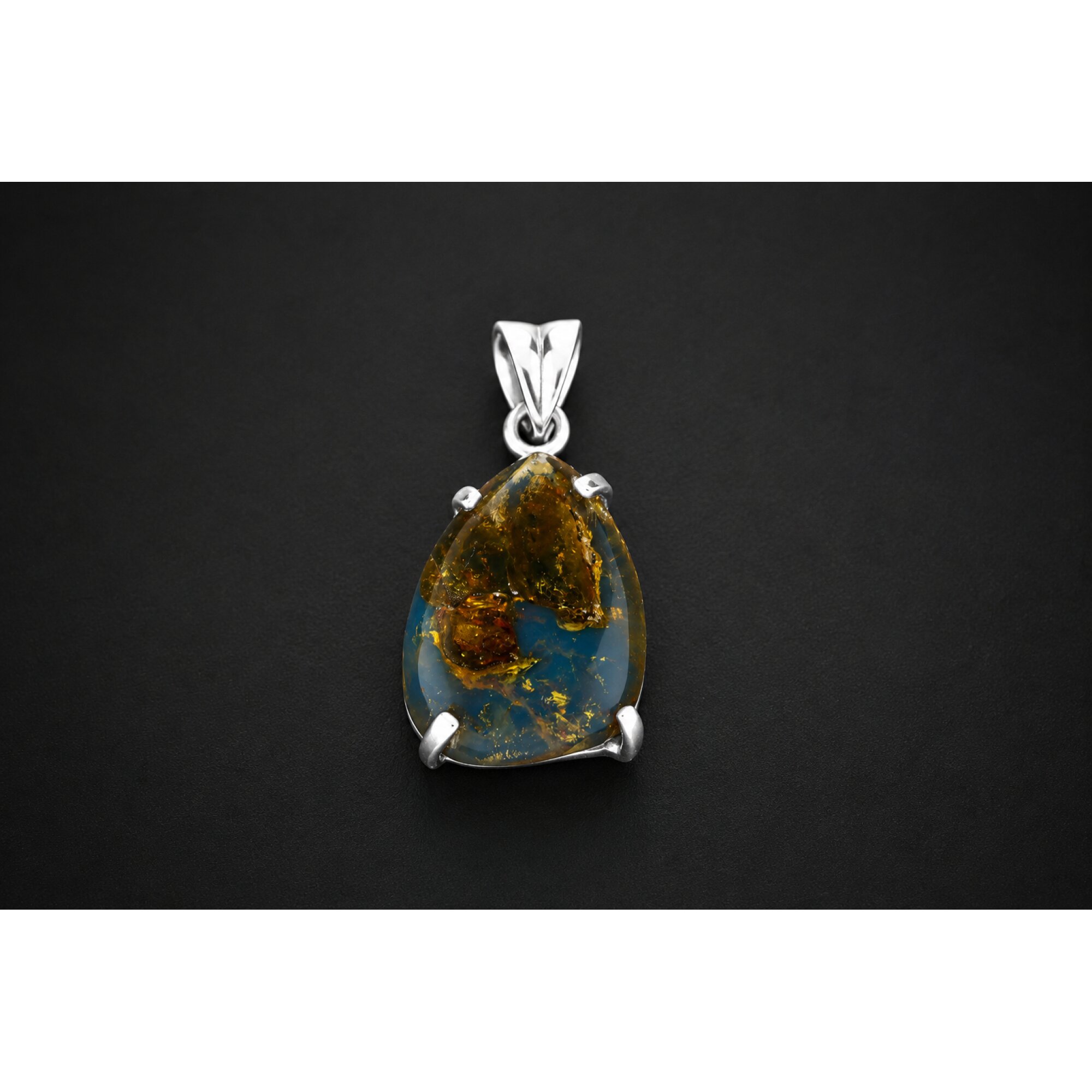 Natural Dominican Blue Amber Pendant 925 Sterling Silver 34 mm freeform dark – photo 2