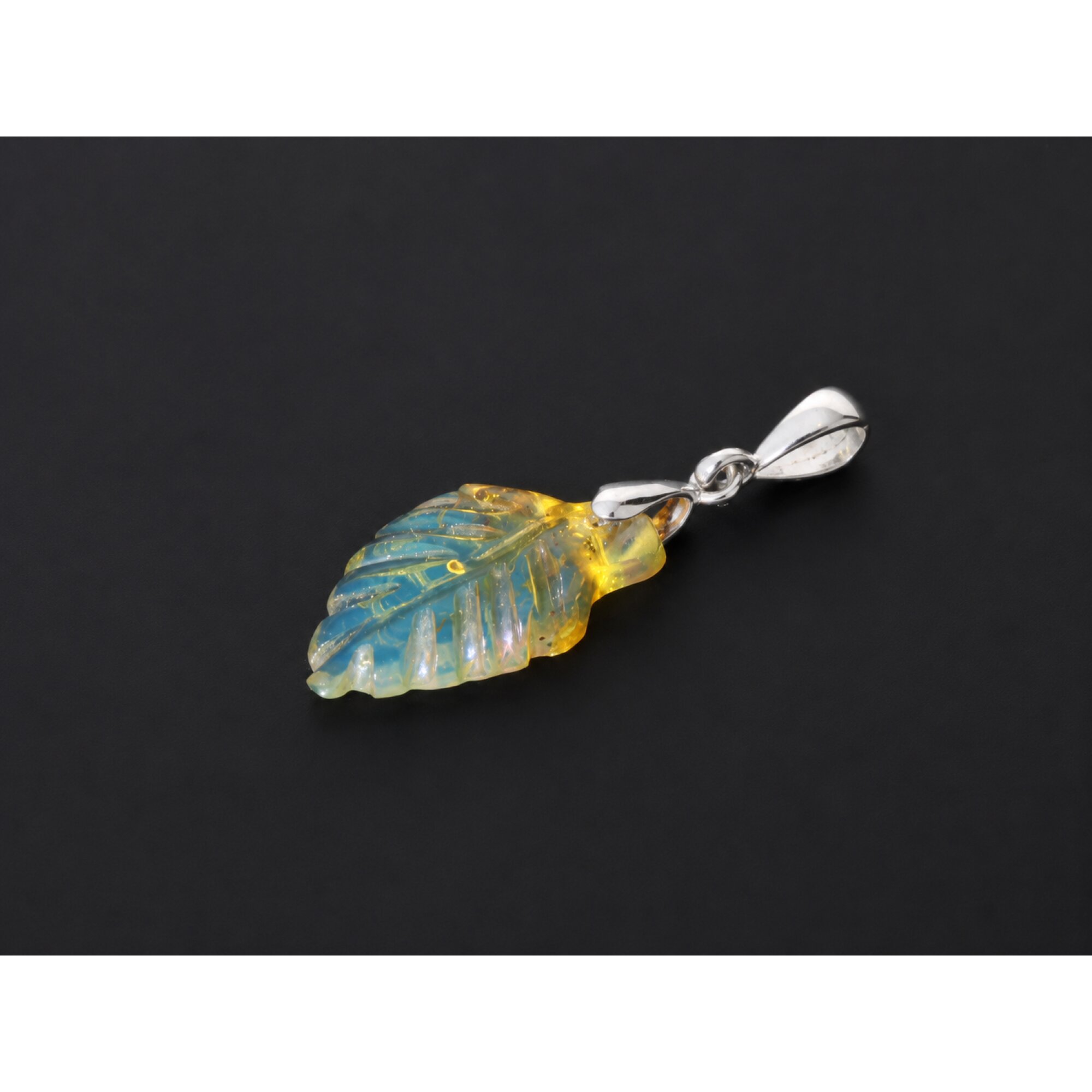 Clear sky blue Natural Dominican Amber leaf 925 Sterling Silver Pendant 36 mm – photo 3