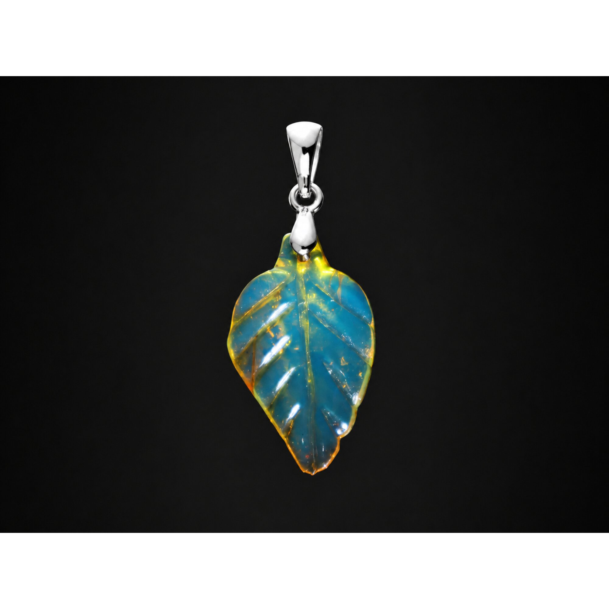 Clear sky blue Natural Dominican Amber leaf 925 Sterling Silver Pendant 38 mm – photo 2