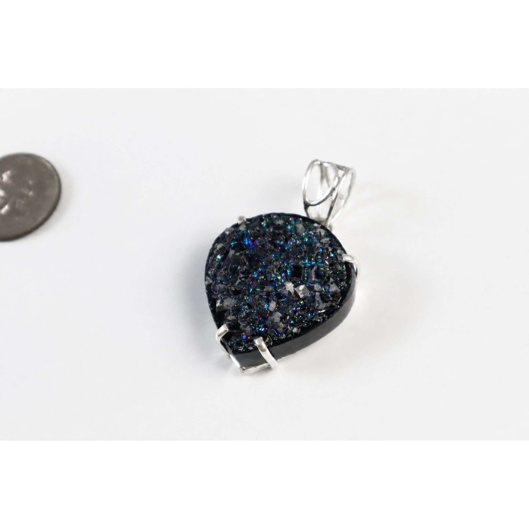 Clear dark blue green Natural Titanium Druzy Quartz heart 925 Pendant 50 mm – photo 9