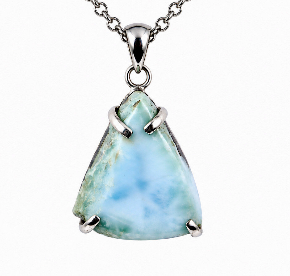 Handcrafted Natural Sky Blue Larimar 925 Sterling Silver Triangle Slice Pendant