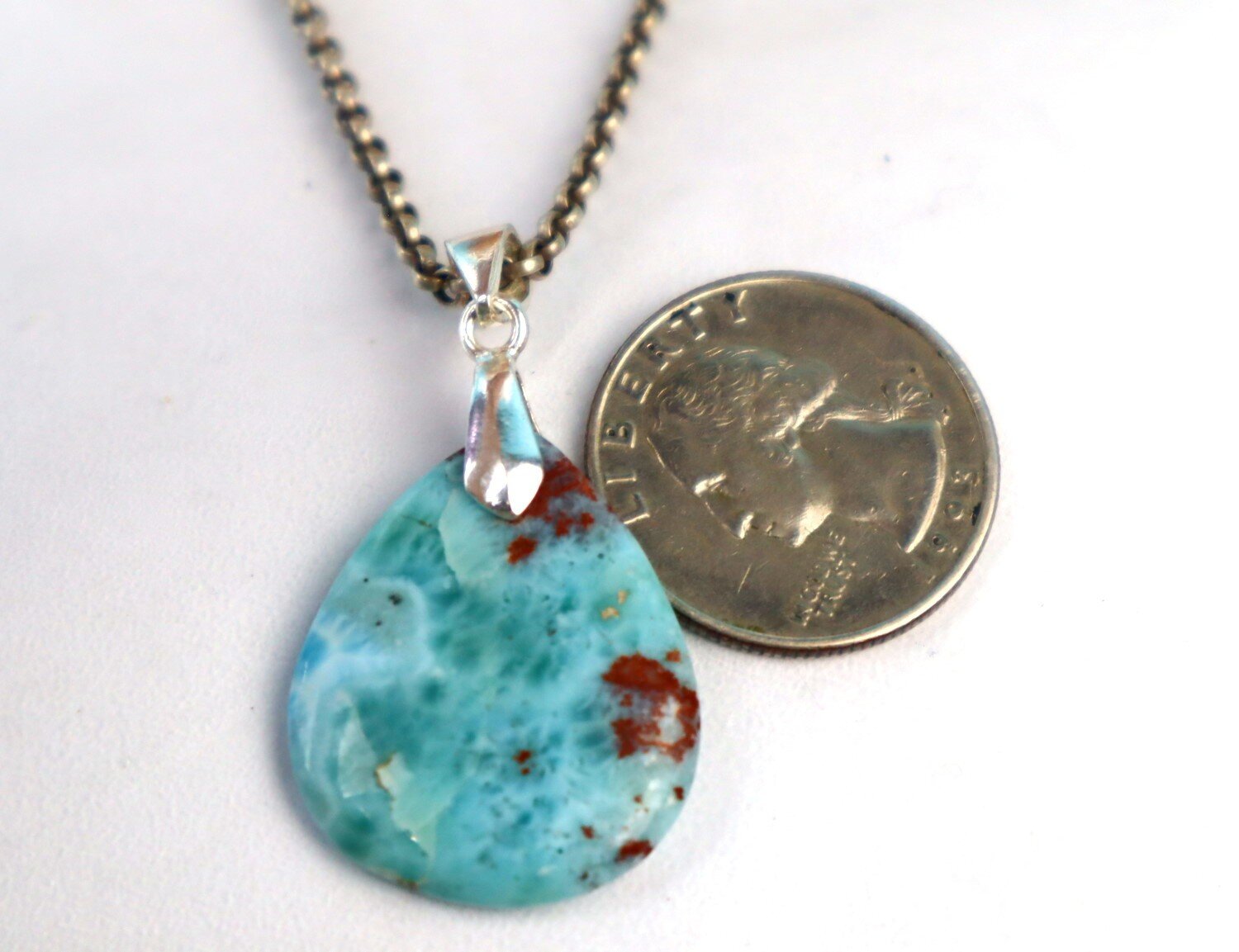 Charming Design Natural Ocean Blue Larimar .925 Sterling Silver Pendant 42mm – photo 9