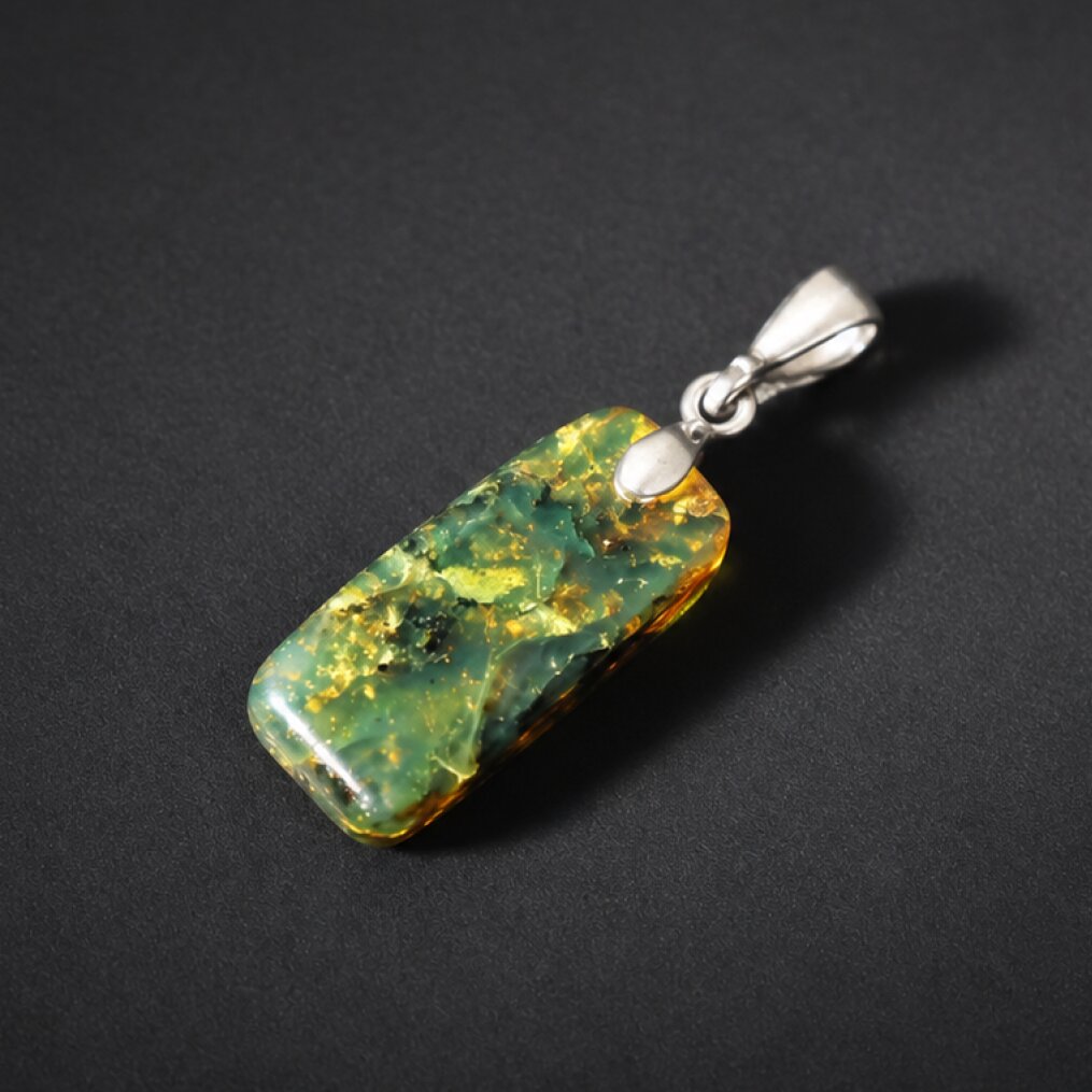 Genuine handcrafted green blue Dominican amber sterling silver pendant 35mm