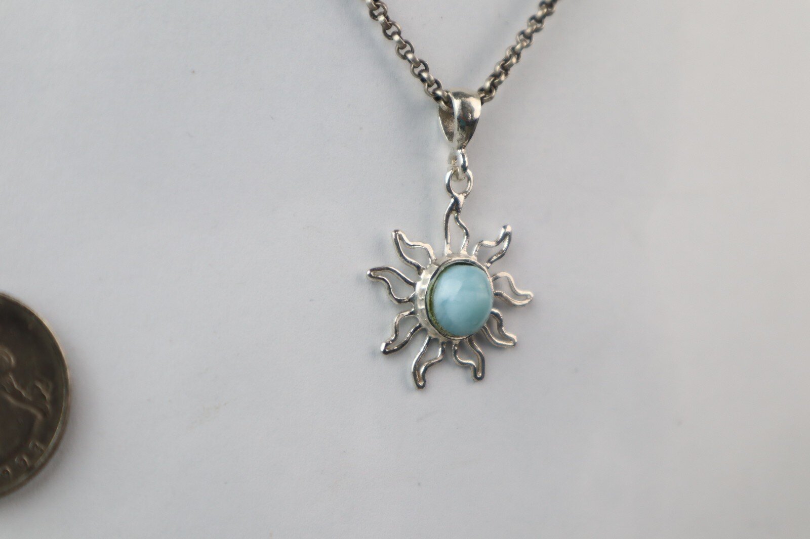 Exquisite Handcrafted Sky Blue Larimar 925 Sterling Silver Sun Pendant 39mm – photo 6