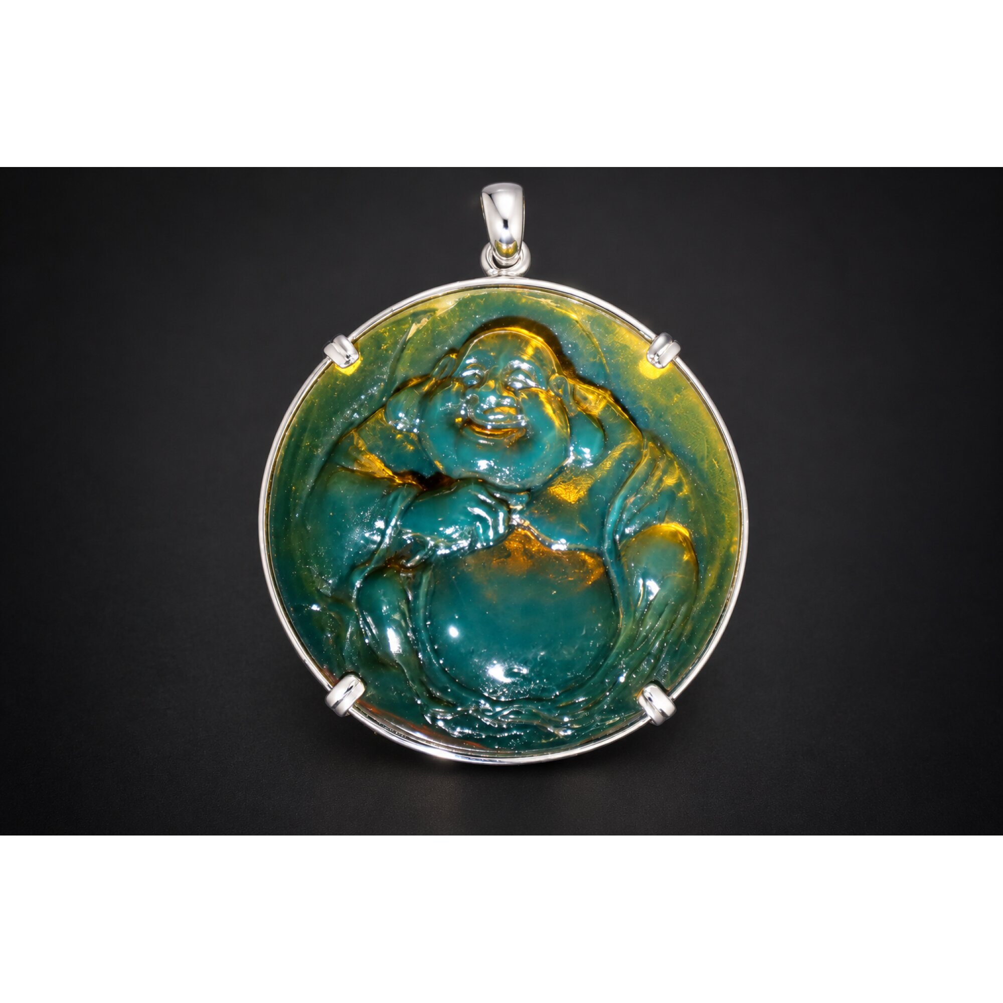 Expertly hand carved cognac green Dominican amber sterling silver pendant 63mm – photo 17