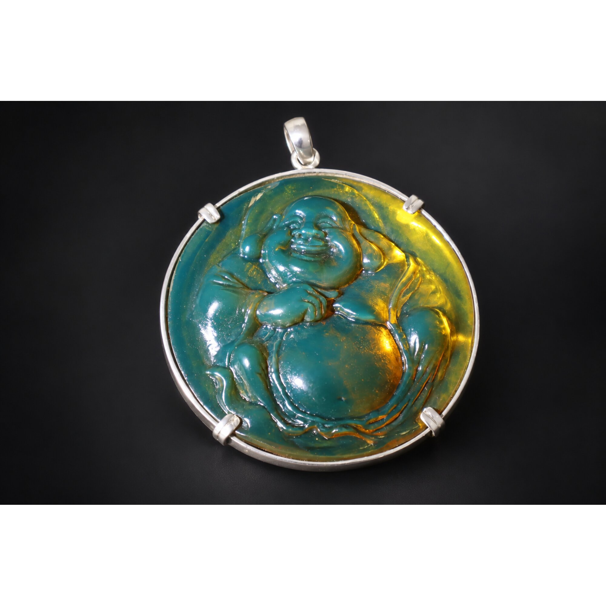 Expertly hand carved cognac green Dominican amber sterling silver pendant 63mm – photo 18