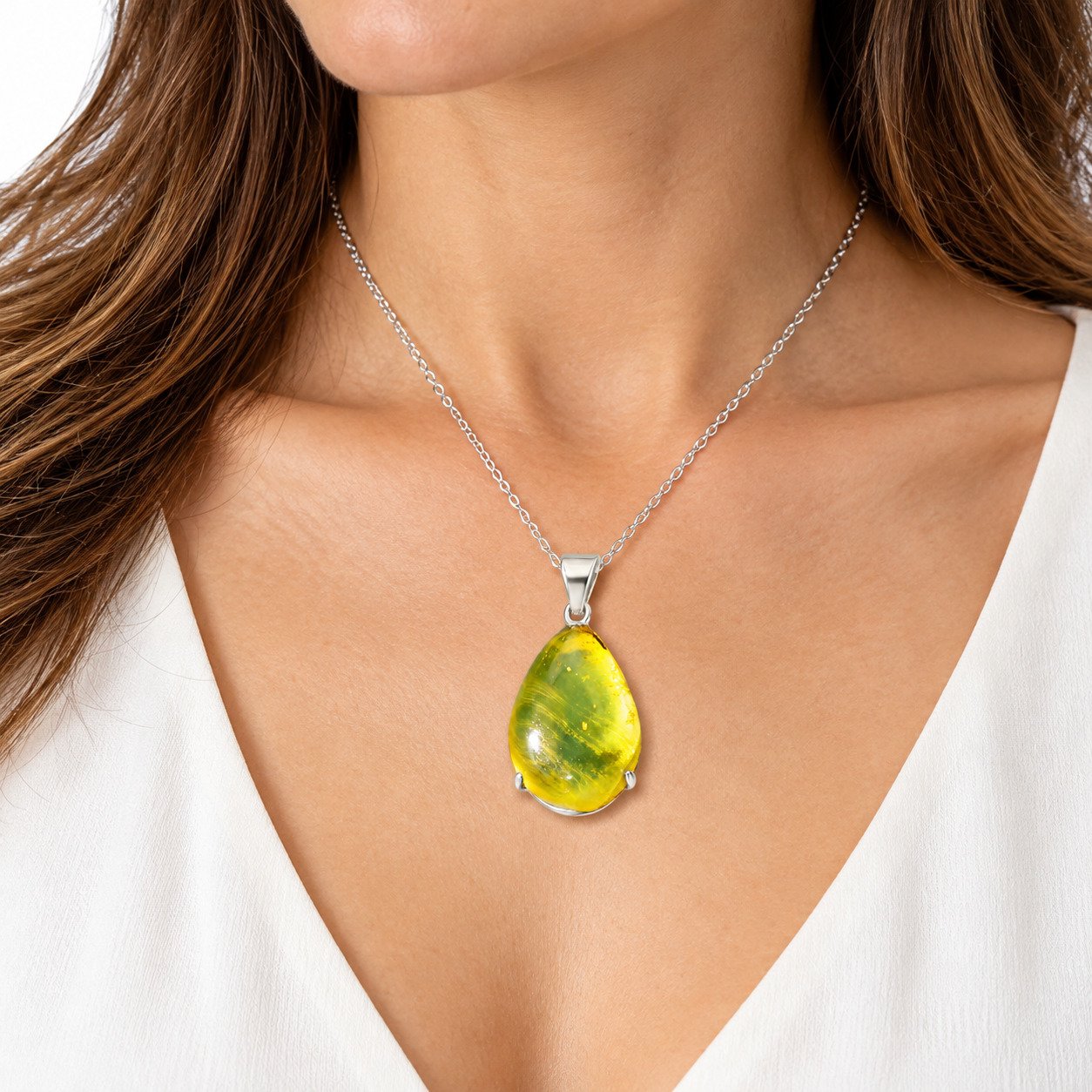 Studio made olive green Dominican amber sterling silver pendant 3.1g