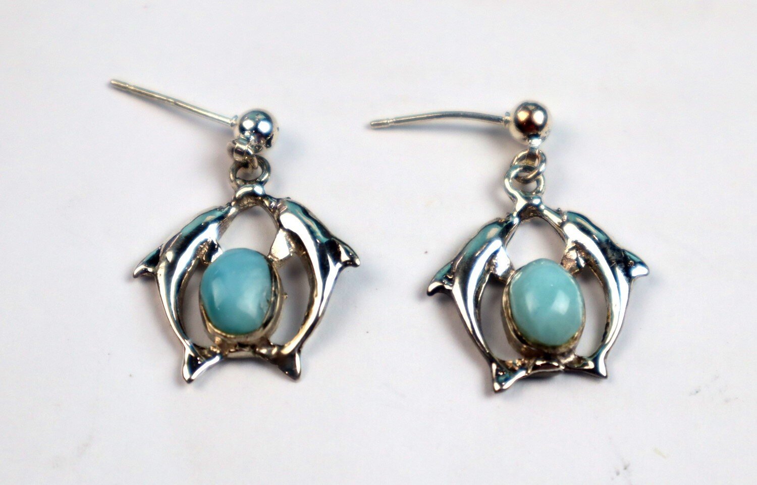 Impressive Natural Sky Blue Larimar .925 Sterling Silver Dolphin Earrings 28.0mm – photo 4