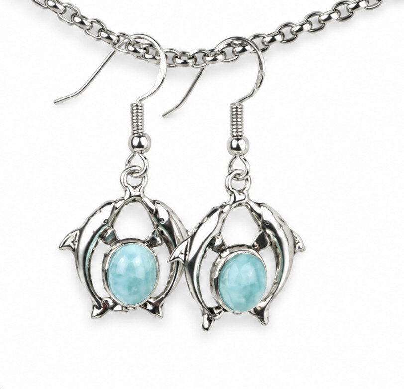Beautiful Natural Light Blue Larimar .925 Sterling Silver Dolphin Earrings