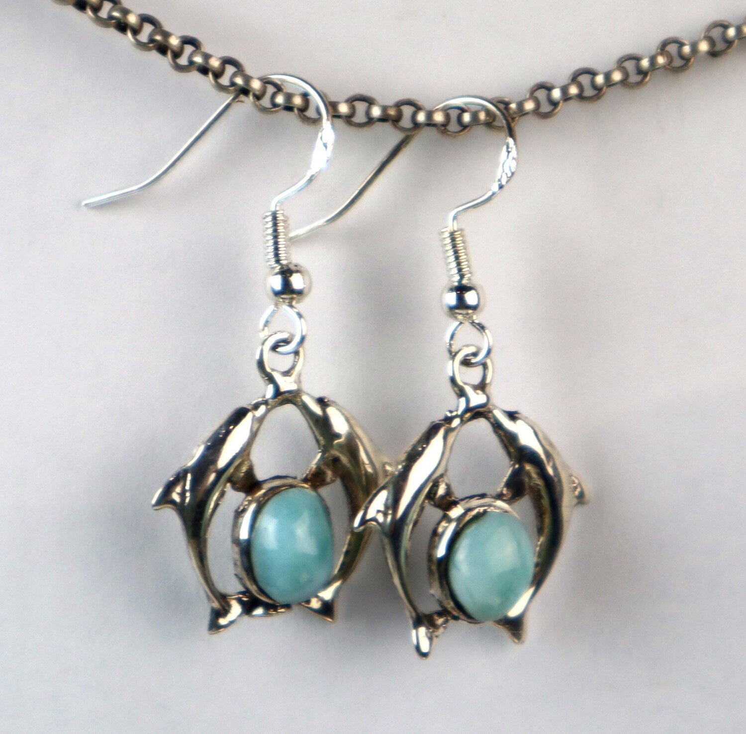 Beautiful Natural Light Blue Larimar .925 Sterling Silver Dolphin Earrings – photo 3