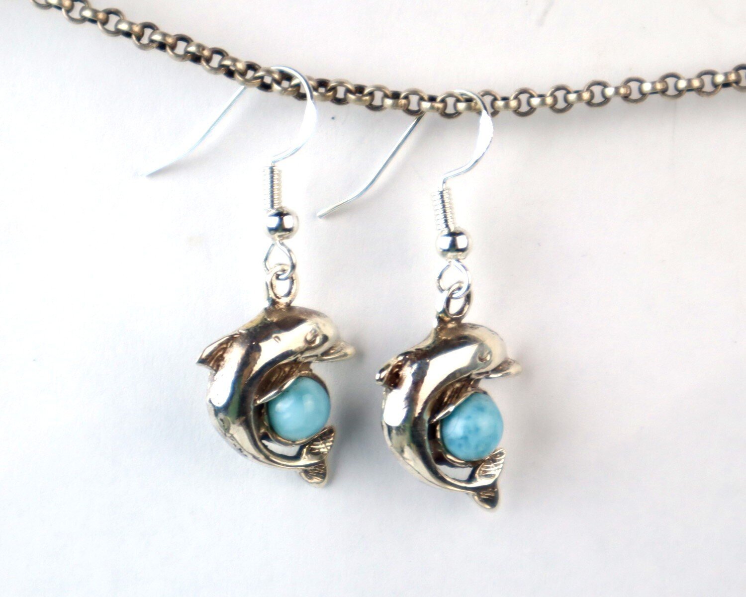Genuine Dominican Blue Larimar 925 Sterling Silver Dolphin Earrings 1.5 Inch – photo 4