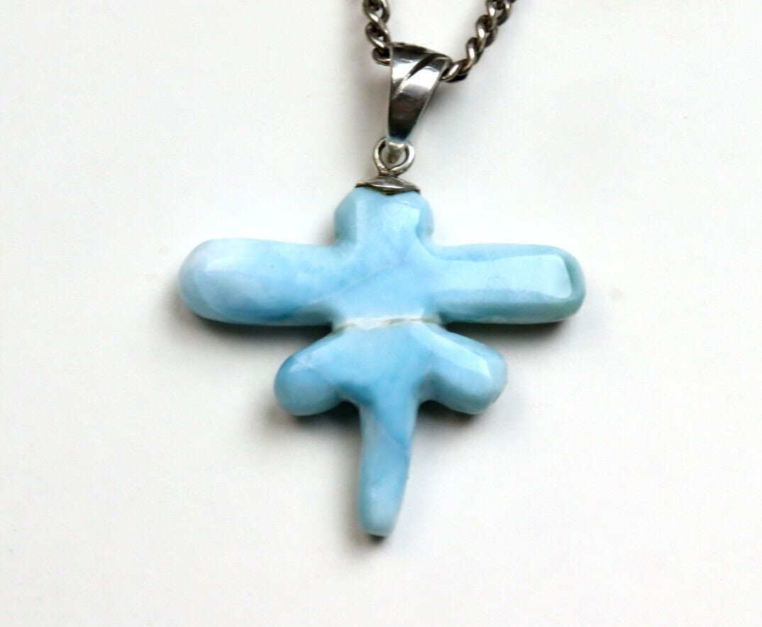 Exquisite 2inch Natural Sky Blue Larimar .925 Sterling Silver Dragonfly Pendant – photo 5