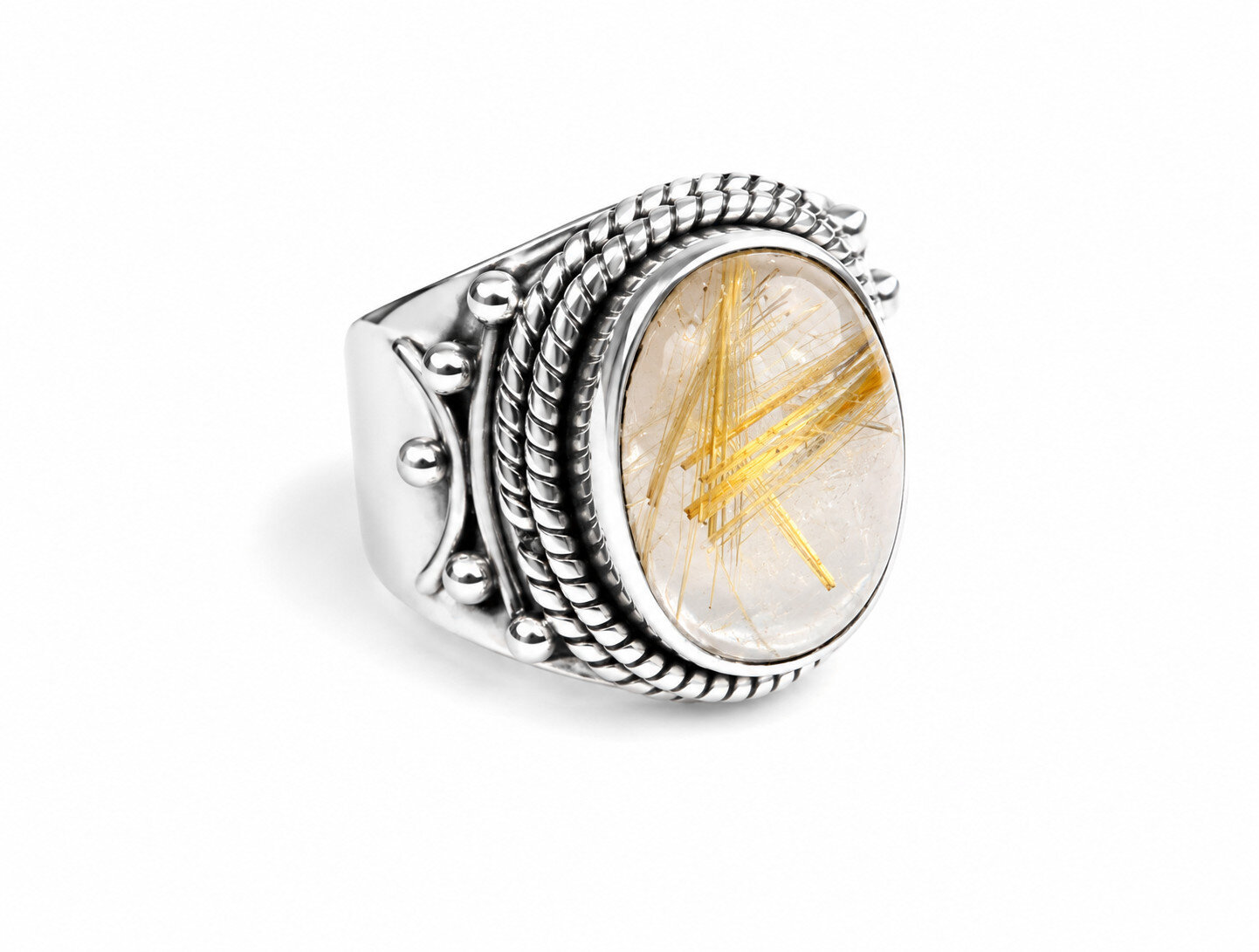 Finest Clear White with golden design Labradorite .925 Sterling Silver Ring #6