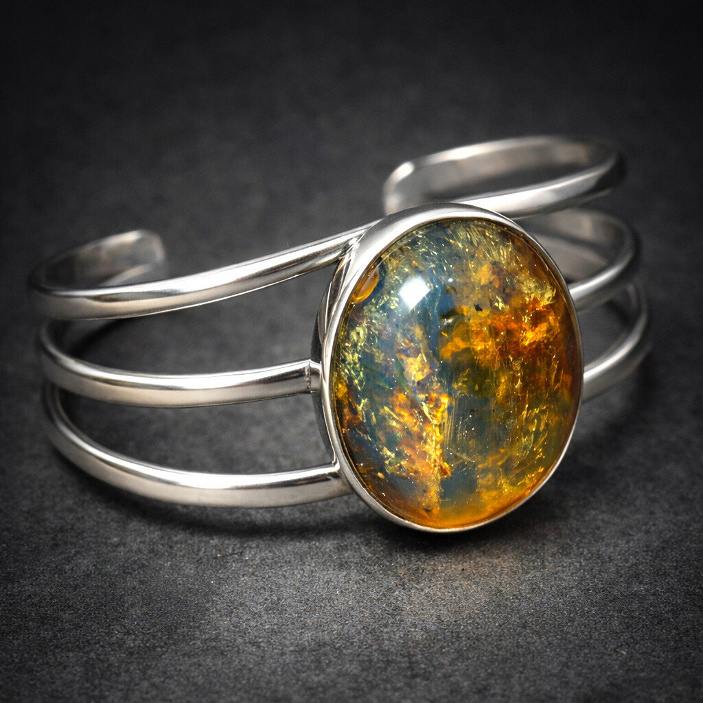 Natural Clear Green Blue Amber solid .925 Sterling Silver Cuff Bangle 7inch