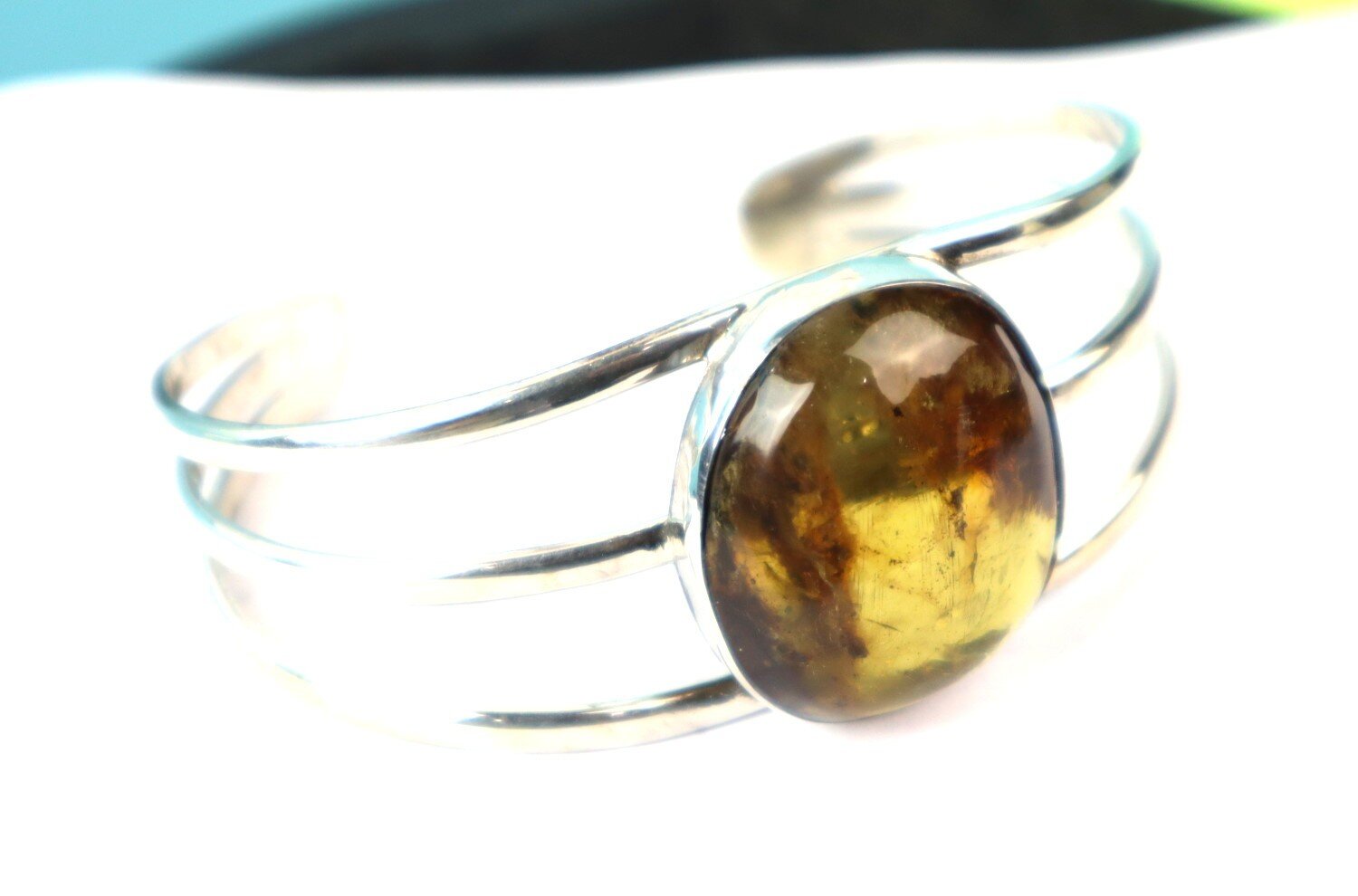 Natural Clear Green Blue Amber solid .925 Sterling Silver Cuff Bangle 7inch – photo 13