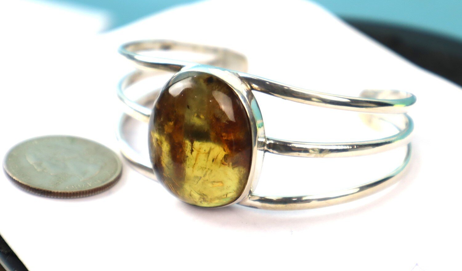 Natural Clear Green Blue Amber solid .925 Sterling Silver Cuff Bangle 7inch – photo 15