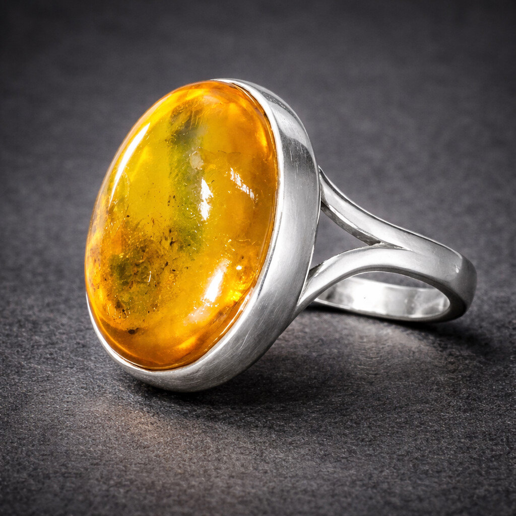 Natural Clear yellow green Amber Solid .925 Sterling Silver Ring #7