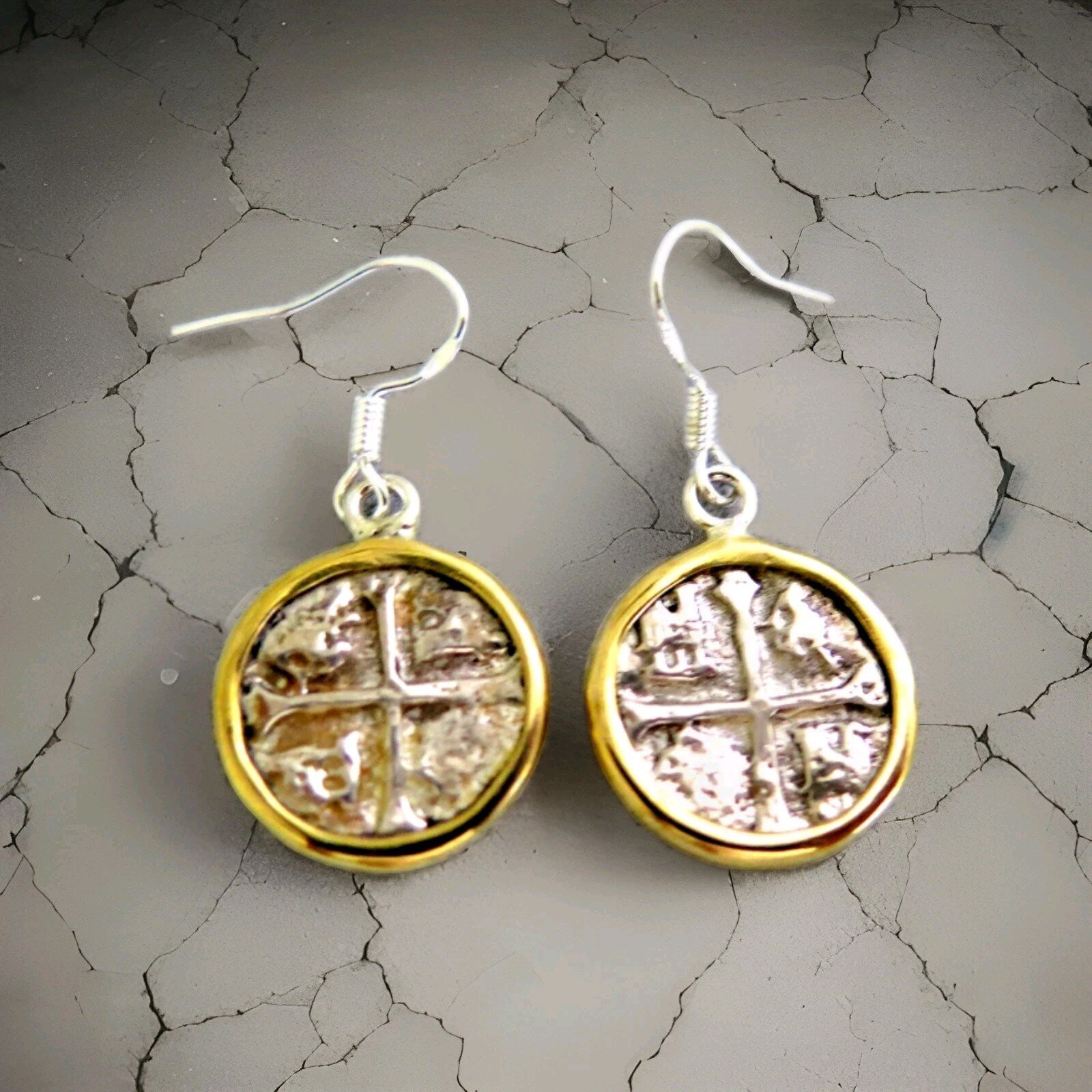 SPAIN COLONIAL PIRATE Atocha Shipwreck COIN .925 STERLING SILVER EARRINGS 1.3"