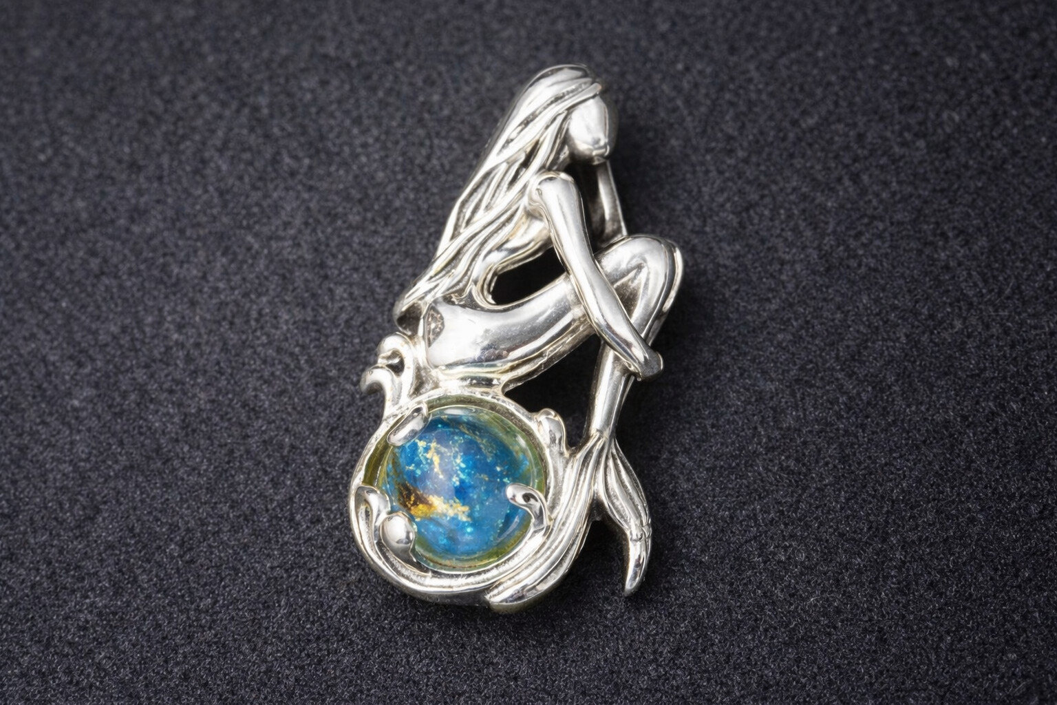 Exquisite Natural Clear Sky Blue Amber .925 Sterling Silver Mermaid Pendant 26mm