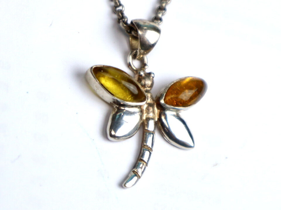 Natural Clear Orange Yellow Amber .925 Sterling Silver Dragonfly Pendant 40mm – photo 4
