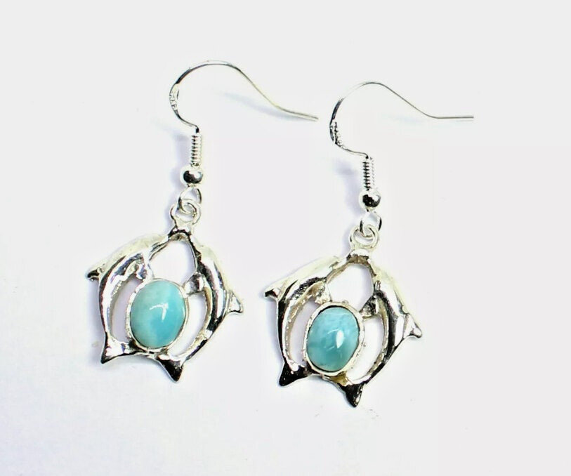 Beautiful Sky Blue Larimar .925 Sterling Silver Dangle Dolphin Earrings 1.6 "