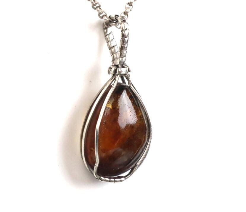 Handcrafted Wired Natural Clear Sky Green Amber 925 Sterling Silver Pendant 47mm – photo 4