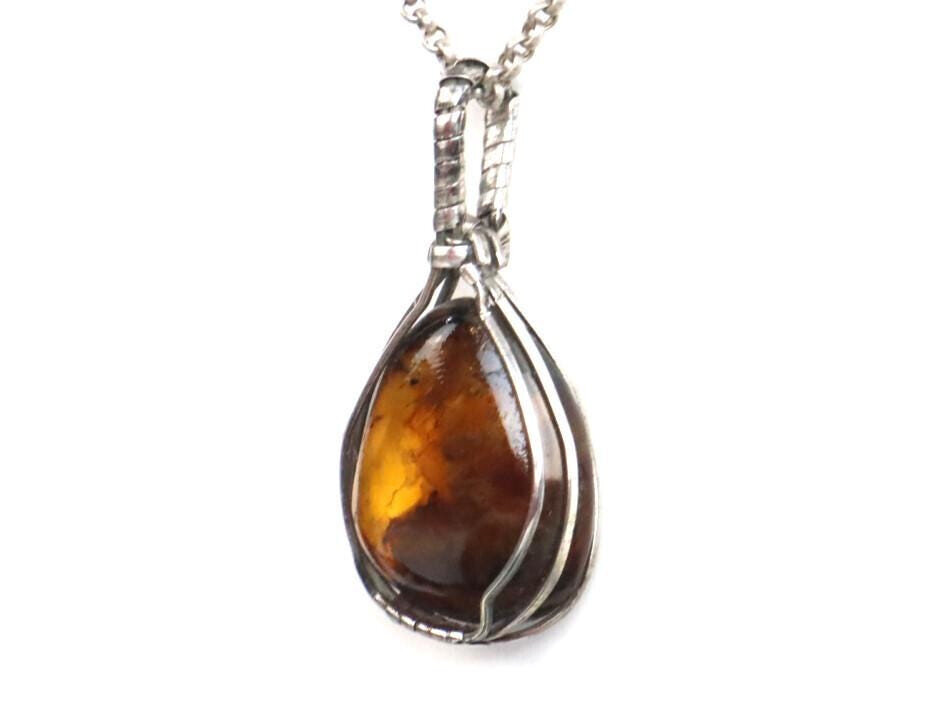 Handcrafted Wired Natural Clear Sky Green Amber 925 Sterling Silver Pendant 47mm – photo 9