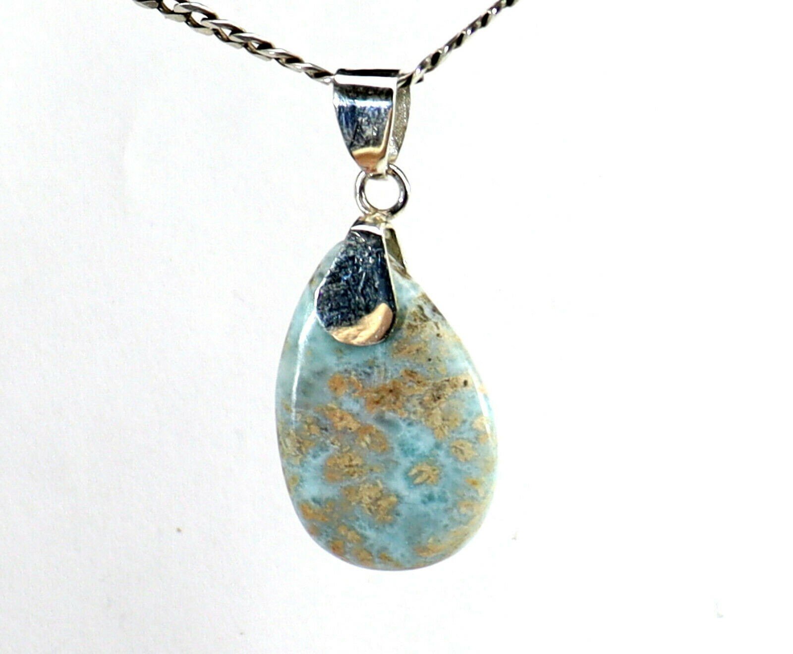 Unusual Pattern Natural Ocean Blue Larimar .925 Sterling Silver Pendant 1.6inch – photo 5