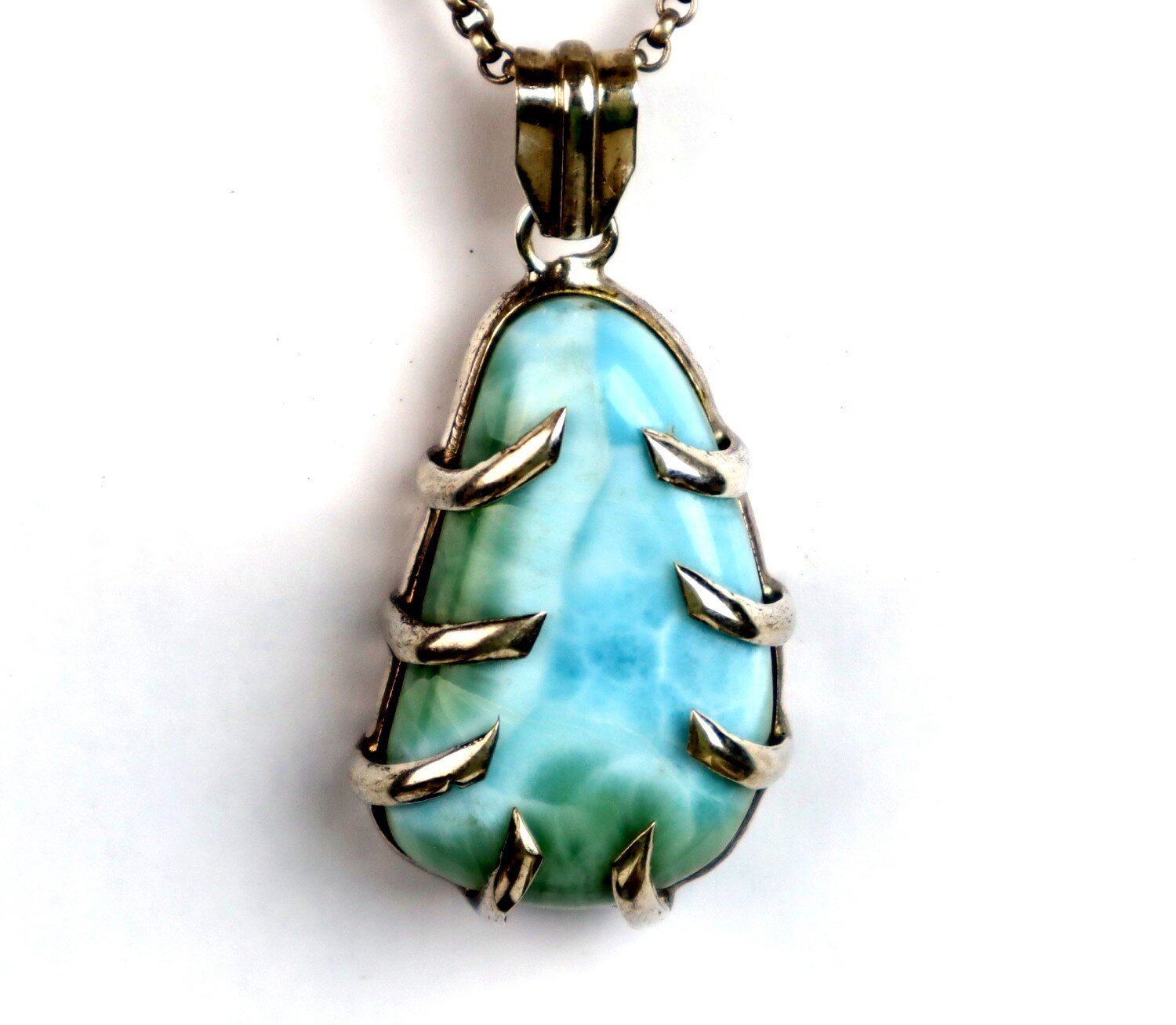 Charming Design Natural Green Blue Larimar .925 Sterling Silver Pendant 2.2 inch – photo 6