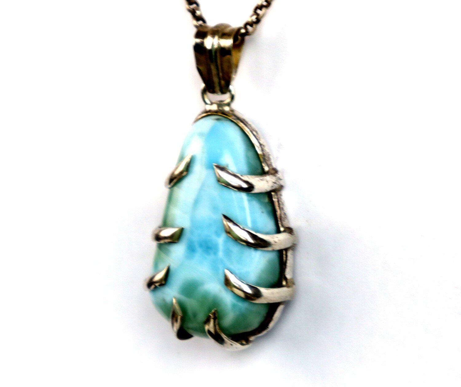 Charming Design Natural Green Blue Larimar .925 Sterling Silver Pendant 2.2 inch – photo 8