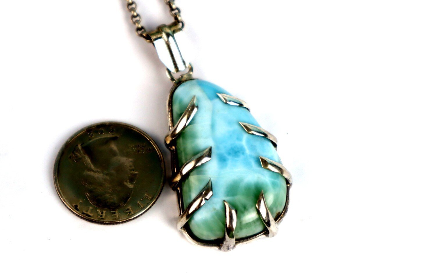 Charming Design Natural Green Blue Larimar .925 Sterling Silver Pendant 2.2 inch – photo 10