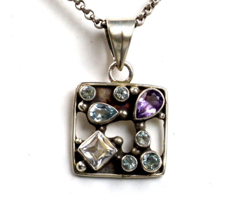 Vintage Natural Amethyst Aquamarine Zirconia 925 Sterling Silver Pendant 36mm – photo 5