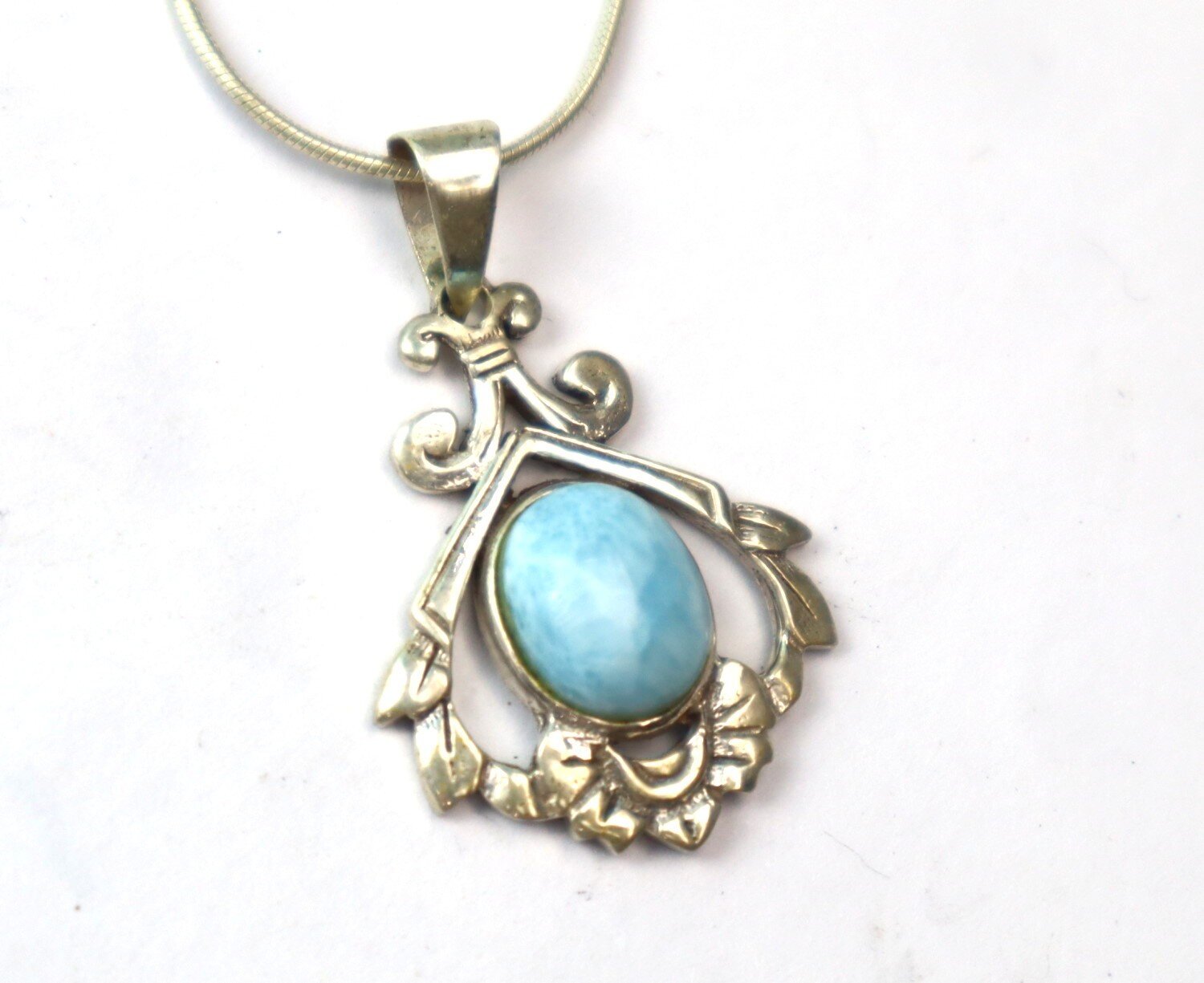 Charming Design Natural Sky Blue Larimar .925 Sterling Silver Necklace 17inch – photo 4