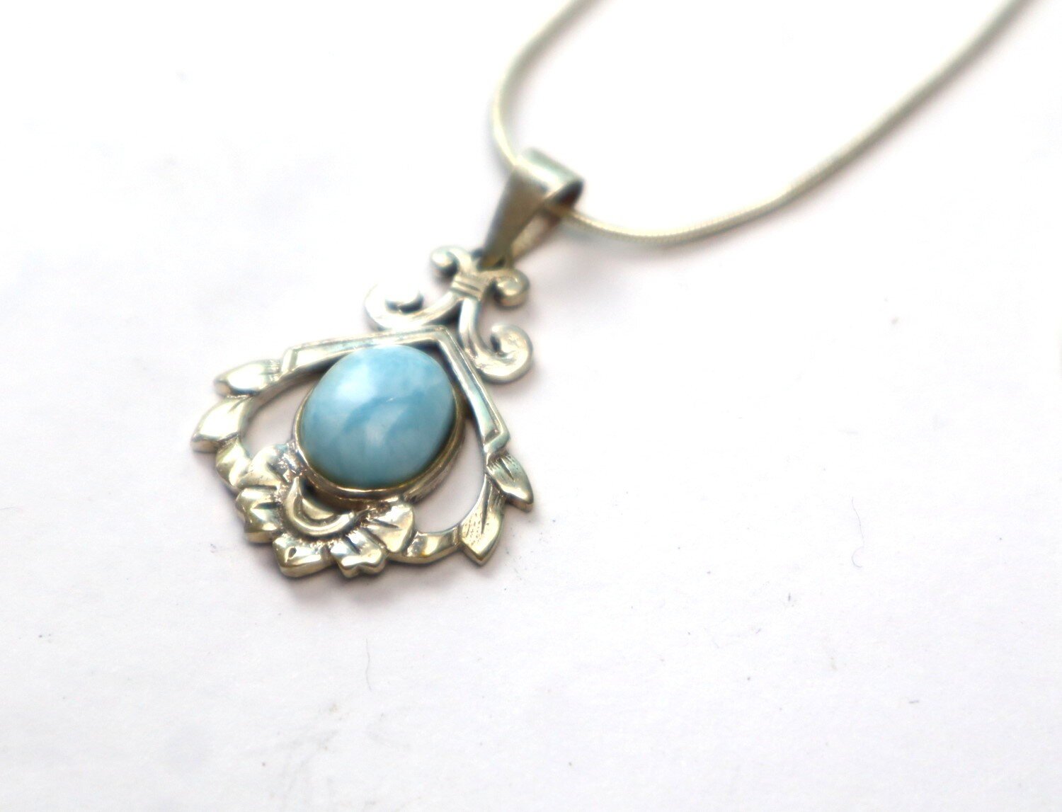 Charming Design Natural Sky Blue Larimar .925 Sterling Silver Necklace 17inch – photo 6