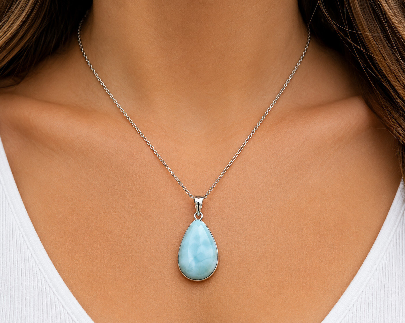 Beautiful Natural Light Blue Larimar .925 Sterling Silver Pendant 42mm – photo 2