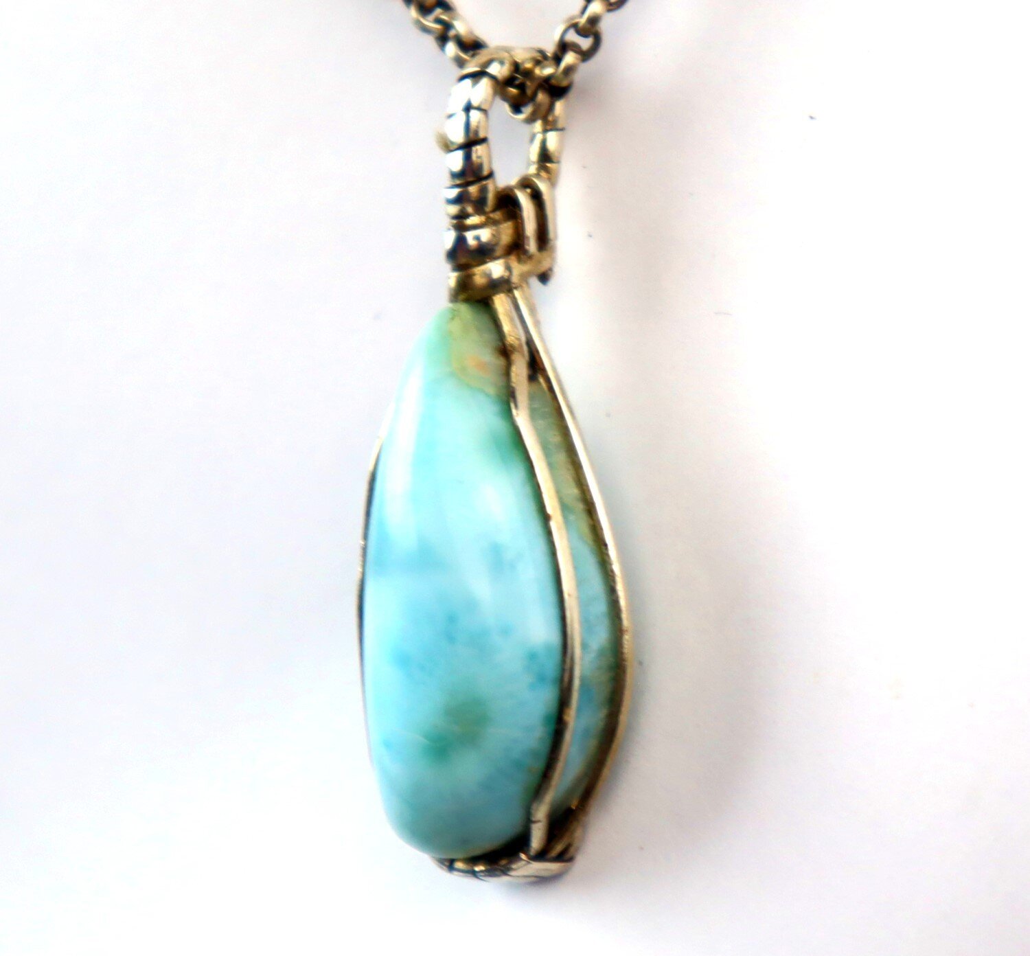 Handcrafted Natural Sky Blue Larimar .925 Sterling Silver Pendant 45mm – photo 8