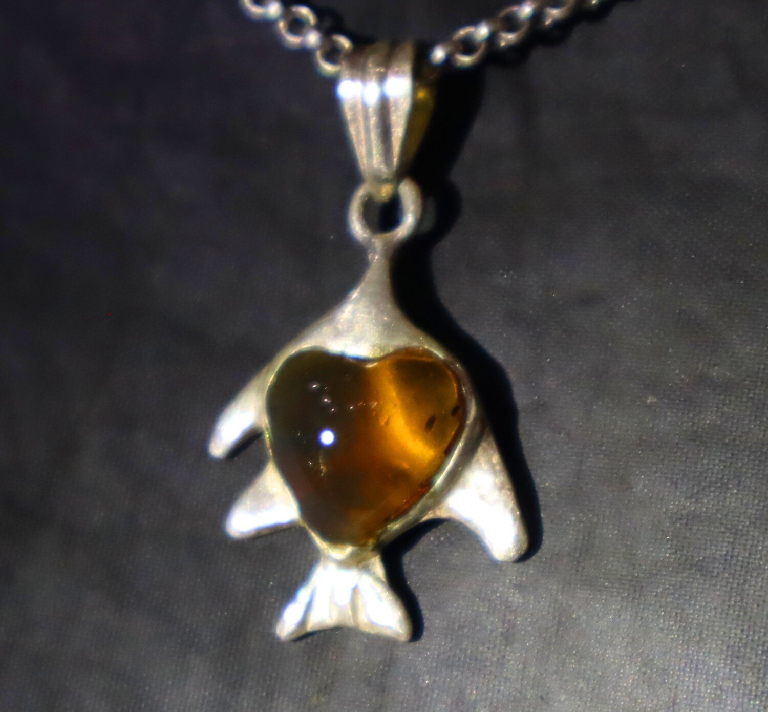 Clear Light Brown Amber .925 Sterling Silver Heart Fish Pendant 38mm – photo 4