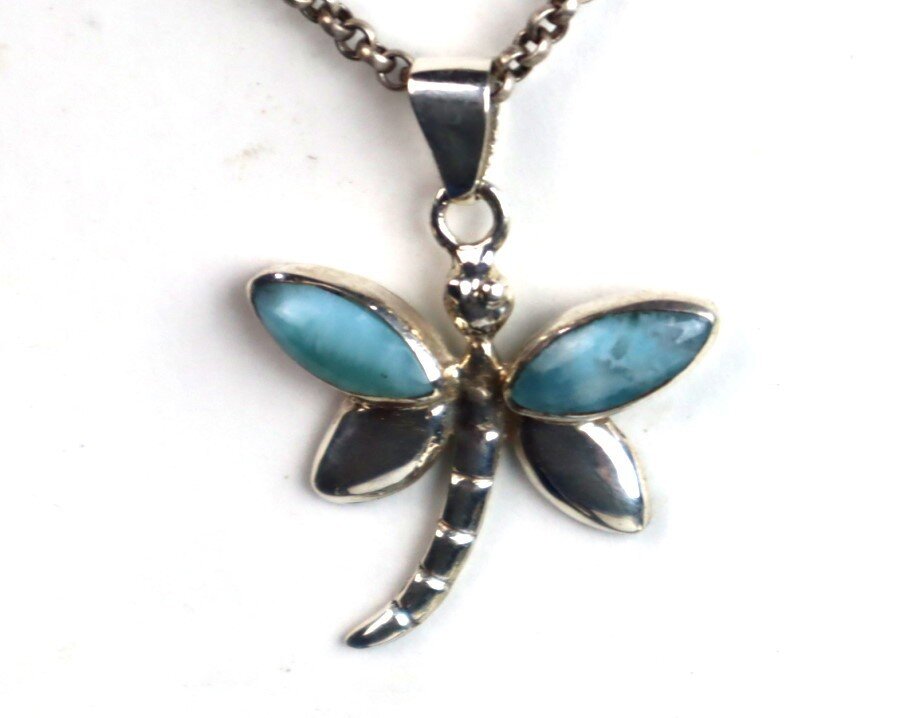 Natural Light Blue Larimar .925 Sterling Silver Dragonfly Pendant 37mm – photo 7
