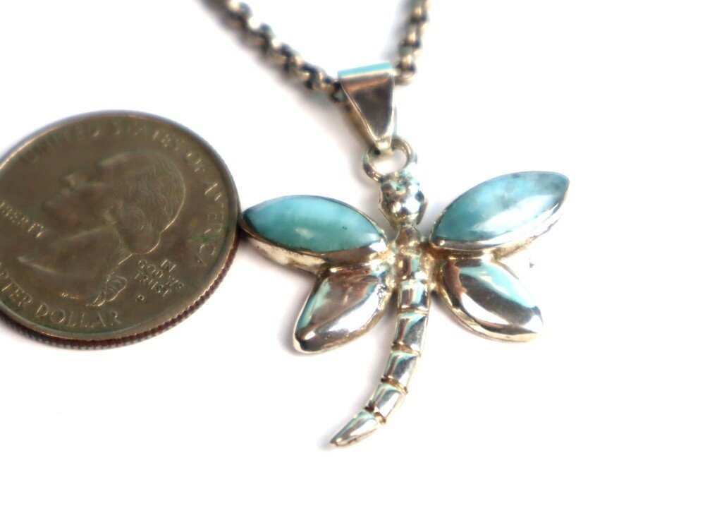Natural Light Blue Larimar .925 Sterling Silver Dragonfly Pendant 37mm – photo 10