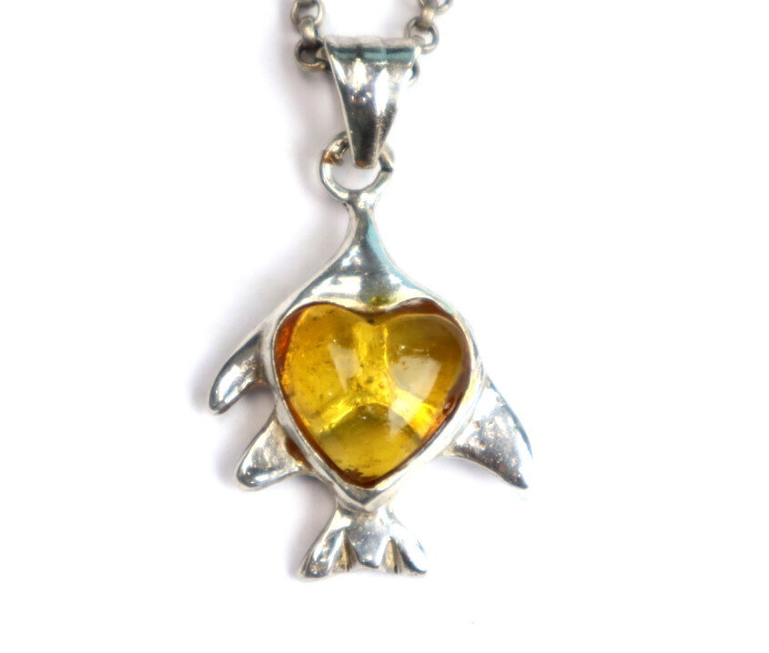 Natural Clear Orange Yellow Amber .925 Sterling Silver Fish Heart Pendant 36mm – photo 9